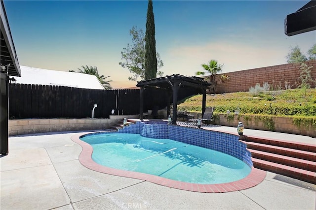 pool at dusk featuring a pergola and a patio