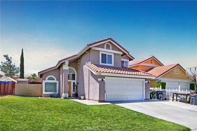 view of front of property with a garage and a front lawn