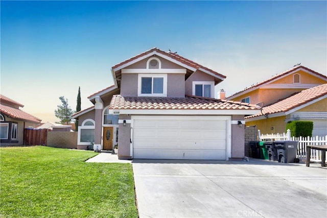 view of front of house with a garage and a lawn