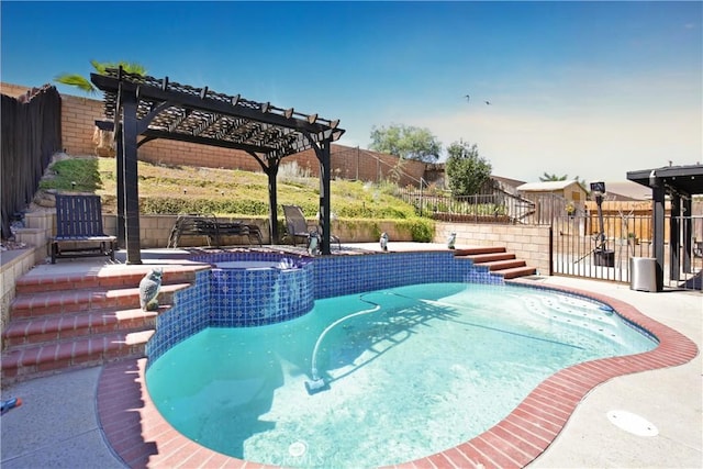 view of pool featuring an in ground hot tub and a pergola