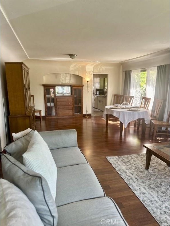 living room with dark wood-type flooring