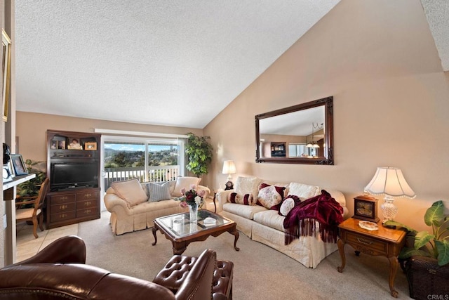 living room featuring light colored carpet, a textured ceiling, and high vaulted ceiling