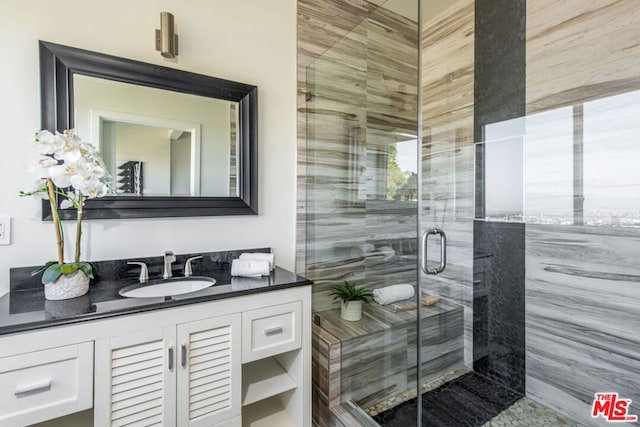 bathroom featuring walk in shower and vanity