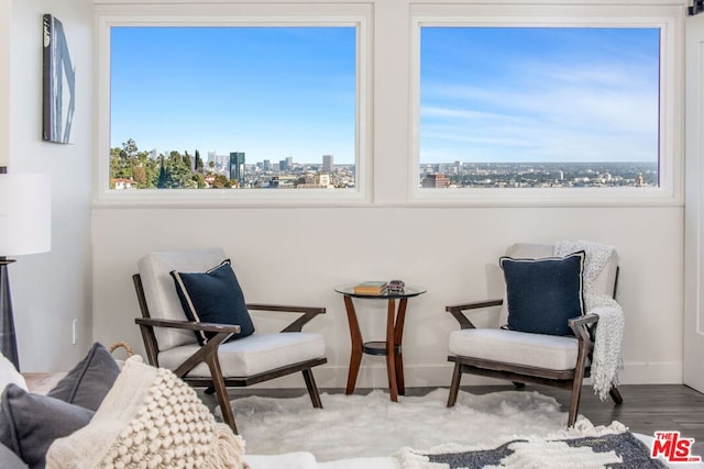 sitting room with hardwood / wood-style flooring and a healthy amount of sunlight