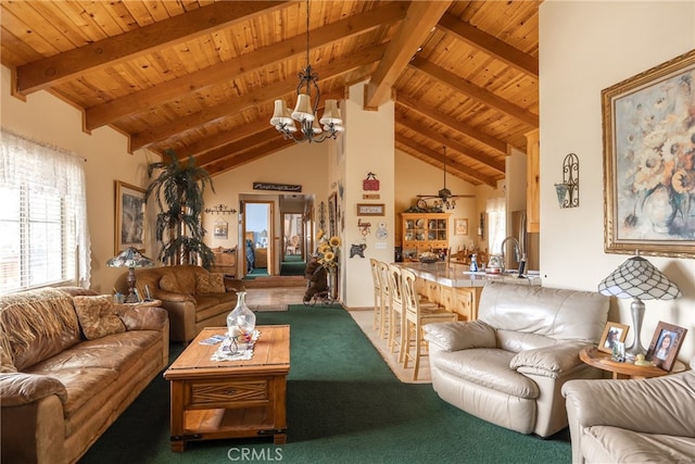 carpeted living room with beamed ceiling, a notable chandelier, high vaulted ceiling, and wooden ceiling