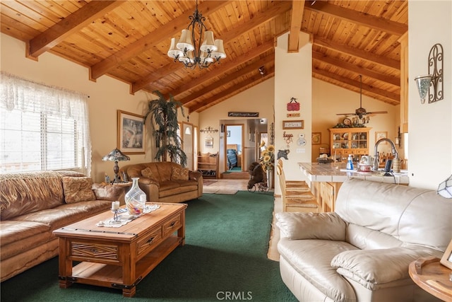 carpeted living room featuring beam ceiling, high vaulted ceiling, an inviting chandelier, and wood ceiling