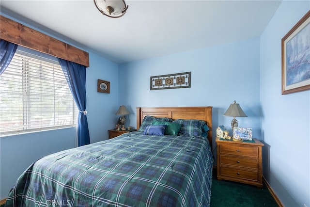 bedroom featuring dark carpet