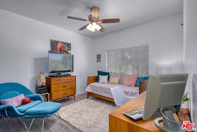 living room with hardwood / wood-style floors and ceiling fan