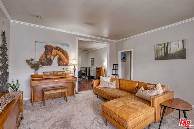 carpeted living room featuring crown molding