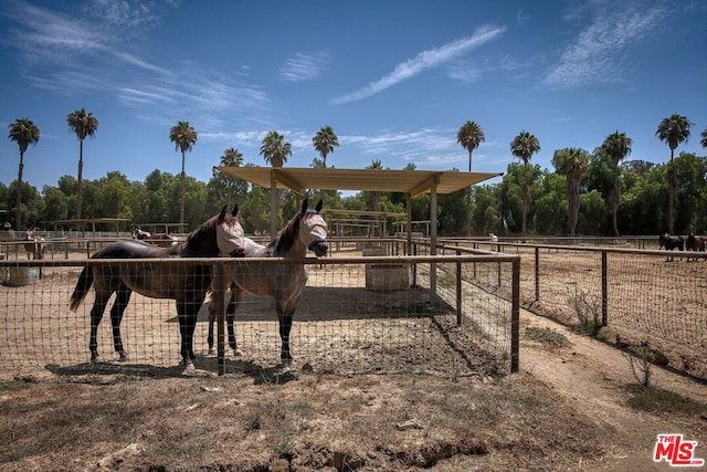 view of horse barn featuring a rural view