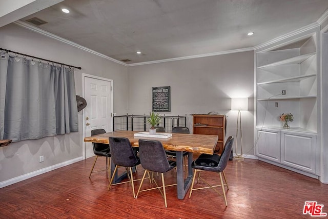 dining area featuring ornamental molding, dark wood-type flooring, and built in features