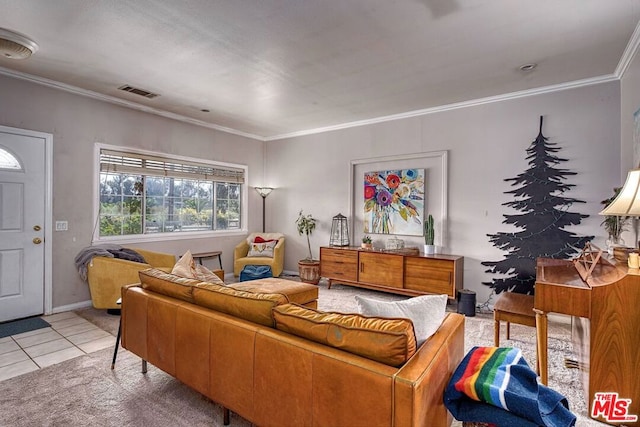 tiled living room featuring ornamental molding