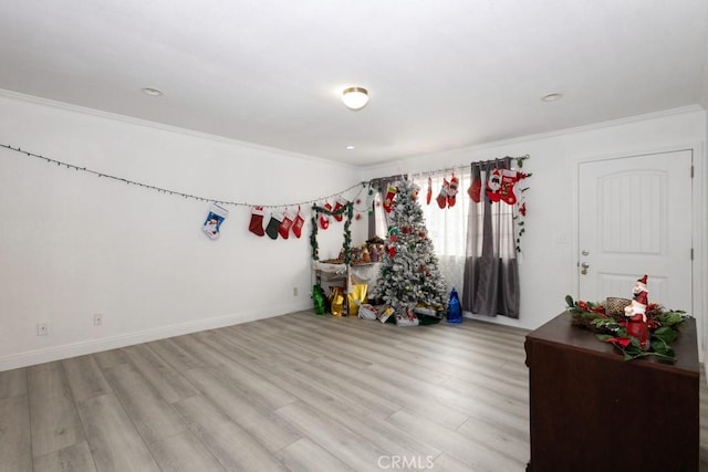 misc room featuring light hardwood / wood-style floors and crown molding