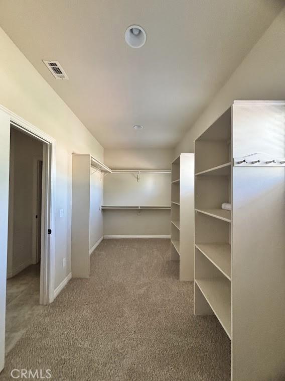 walk in closet featuring light carpet