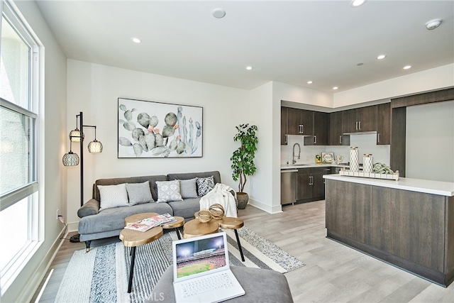 living room with light wood-type flooring, a healthy amount of sunlight, and sink