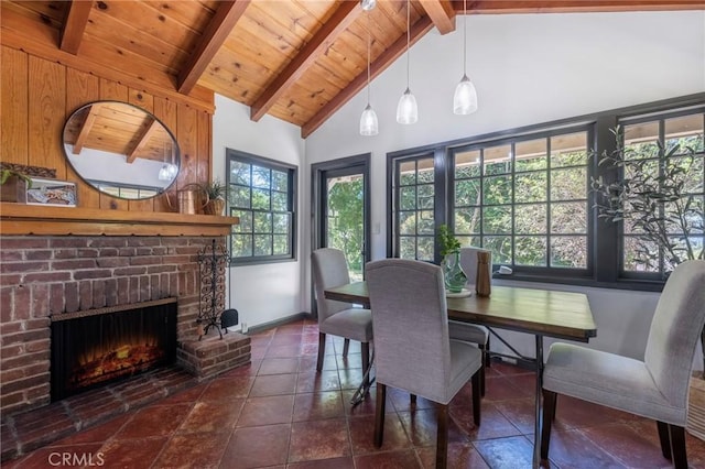 dining room featuring beam ceiling, high vaulted ceiling, wood walls, a fireplace, and wood ceiling