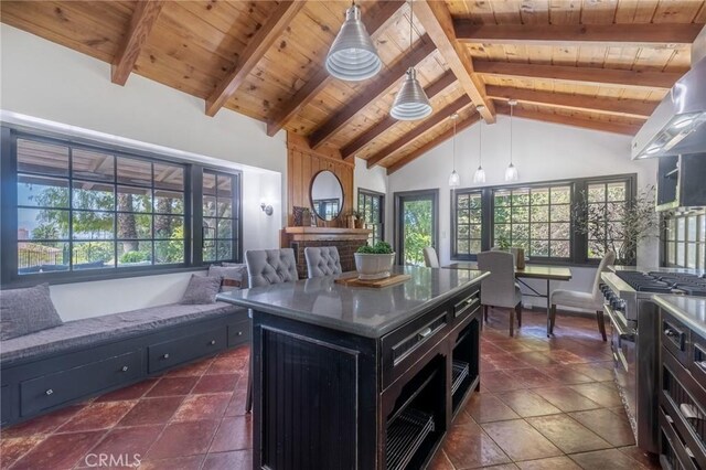 kitchen featuring beam ceiling, a center island, pendant lighting, extractor fan, and high end stainless steel range