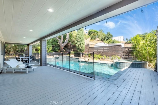 view of pool with an in ground hot tub and a deck