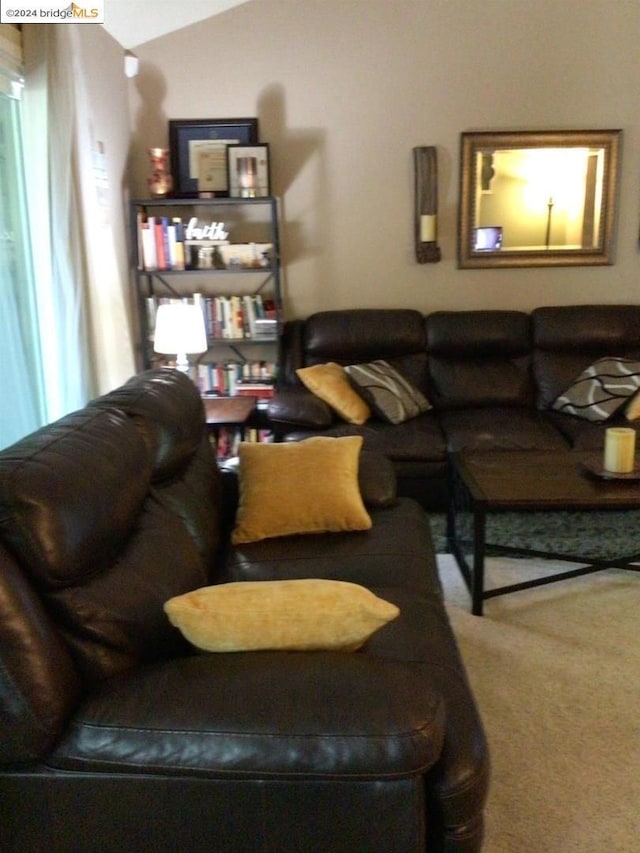 living room featuring carpet and lofted ceiling