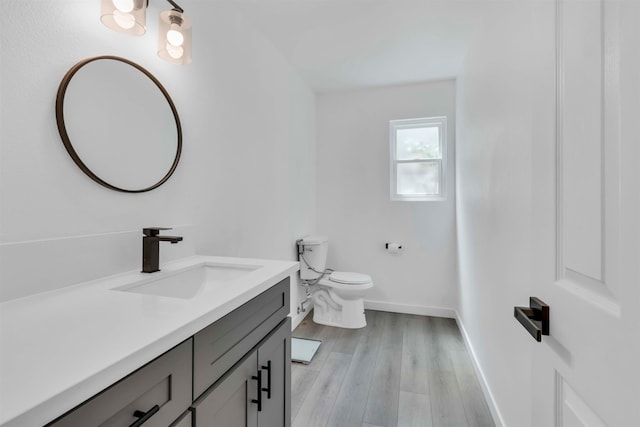 bathroom featuring vanity, toilet, and hardwood / wood-style flooring