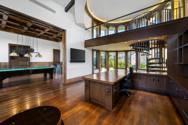 office with pool table, dark wood-type flooring, a high ceiling, and french doors