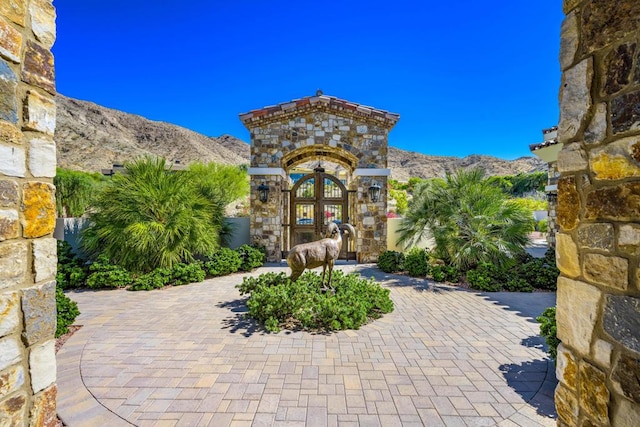 view of patio featuring a mountain view