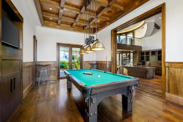 rec room with wooden ceiling, coffered ceiling, pool table, beam ceiling, and dark hardwood / wood-style flooring