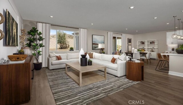 living room with dark hardwood / wood-style floors