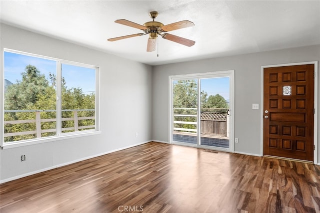 foyer featuring ceiling fan and dark hardwood / wood-style flooring