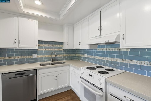 kitchen featuring dishwasher, a raised ceiling, white cabinetry, white electric range, and sink