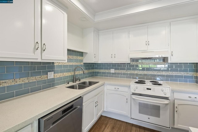 kitchen featuring white electric stove, dishwasher, ornamental molding, sink, and white cabinetry