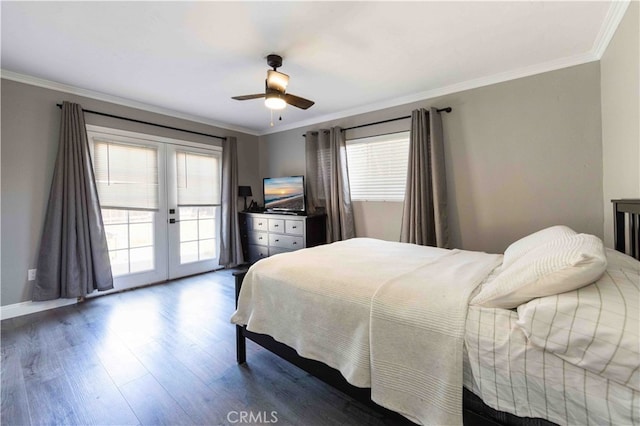 bedroom with multiple windows, access to outside, dark hardwood / wood-style floors, and ceiling fan