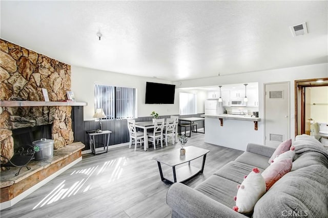 living room featuring a stone fireplace and light wood-type flooring