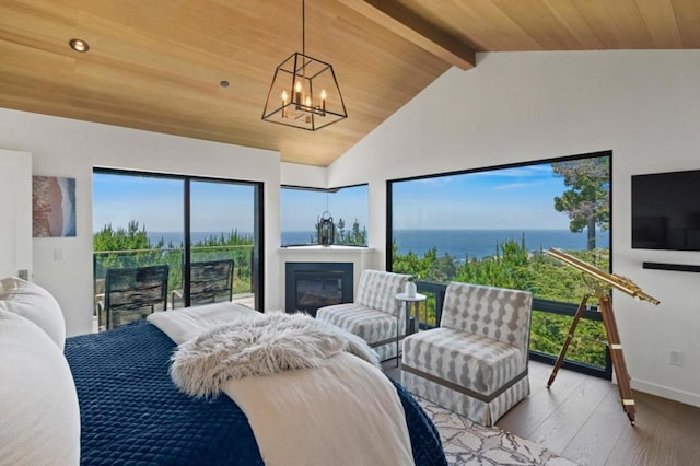 bedroom with lofted ceiling with beams, access to exterior, light wood-type flooring, wooden ceiling, and a chandelier