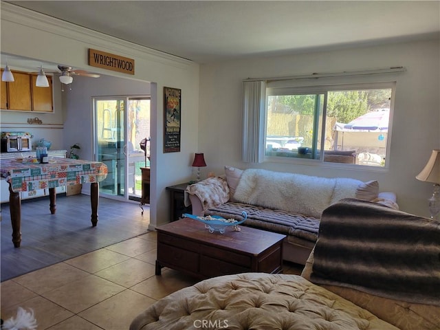 living room featuring ceiling fan and light wood-type flooring