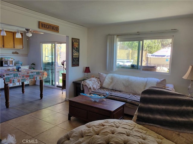 3131 Whispering Pines Rd, Wrightwood, CA 92397 - living room featuring tile patterned floors and a ceiling fan