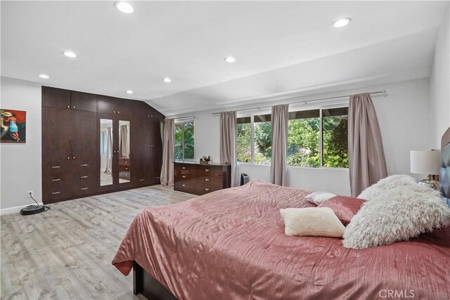 bedroom featuring light hardwood / wood-style floors and vaulted ceiling