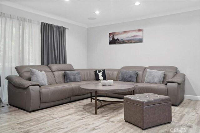 living room featuring light hardwood / wood-style flooring and crown molding