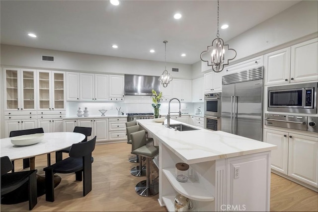 kitchen with built in appliances, an island with sink, white cabinetry, and sink