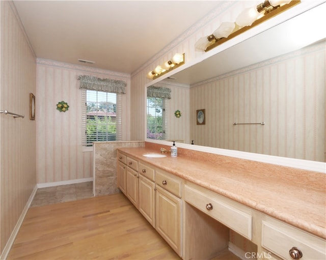 bathroom featuring crown molding, vanity, and hardwood / wood-style flooring