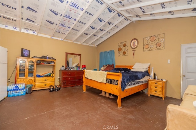 bedroom featuring high vaulted ceiling and white refrigerator