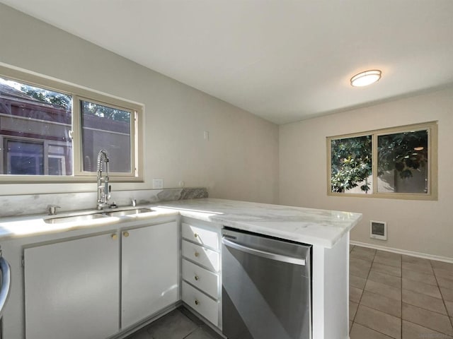 kitchen featuring white cabinetry, dishwasher, a wealth of natural light, sink, and kitchen peninsula