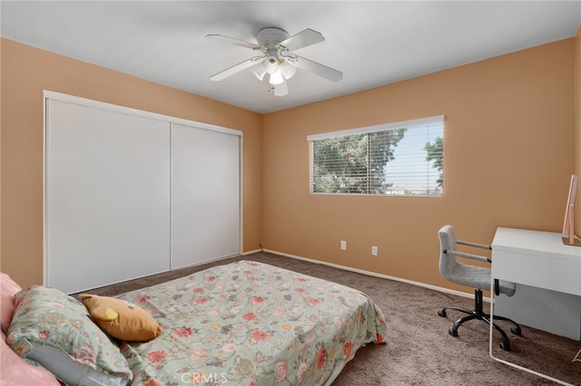 bedroom with carpet flooring, ceiling fan, and a closet