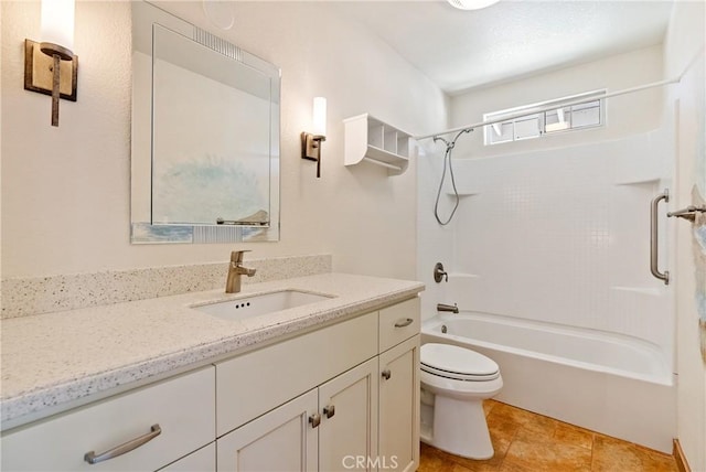 full bathroom with vanity, tile patterned floors,  shower combination, and toilet