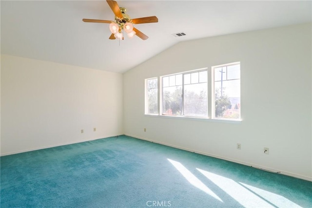 unfurnished room featuring carpet flooring, ceiling fan, and lofted ceiling