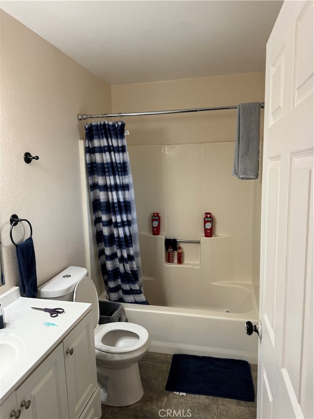 full bathroom with toilet, vanity, shower / bath combination with curtain, and tile patterned floors