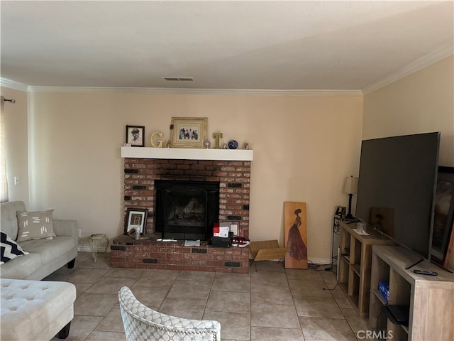 living room featuring crown molding, light tile patterned flooring, and a fireplace