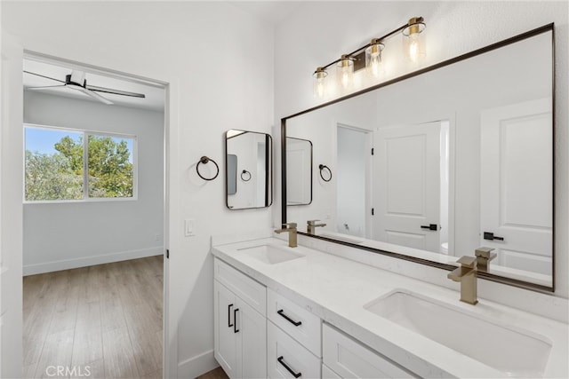 bathroom with hardwood / wood-style flooring and vanity