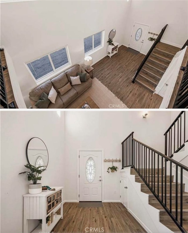 entryway with a towering ceiling and dark wood-type flooring