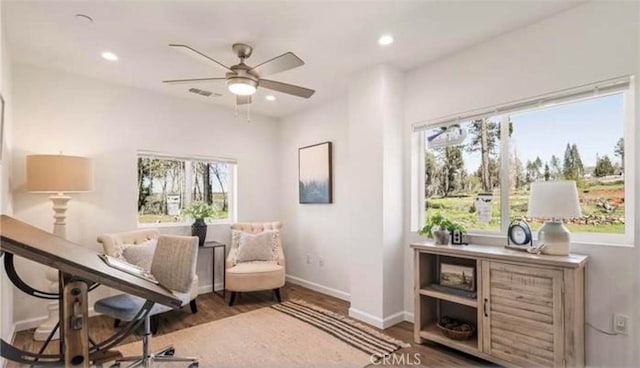 office featuring a wealth of natural light, ceiling fan, and hardwood / wood-style flooring